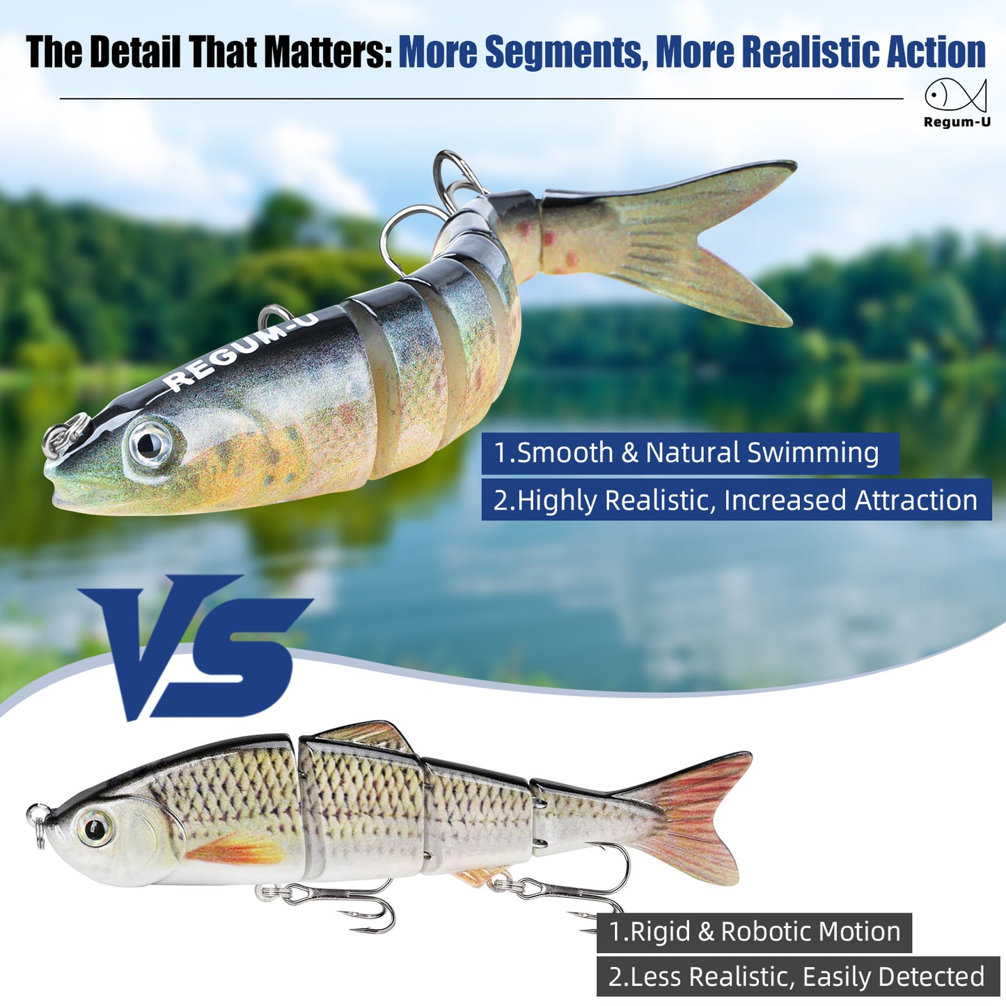 Regum-U Fishing Lures 8 Segment Realistic Swimbait with 3D Eyes Vibrating Tail, Smooth Lifelike Swimming for More Bites, Reinforced Fiber Joint, Durable Unbreakable Glide Bait for Various Fish