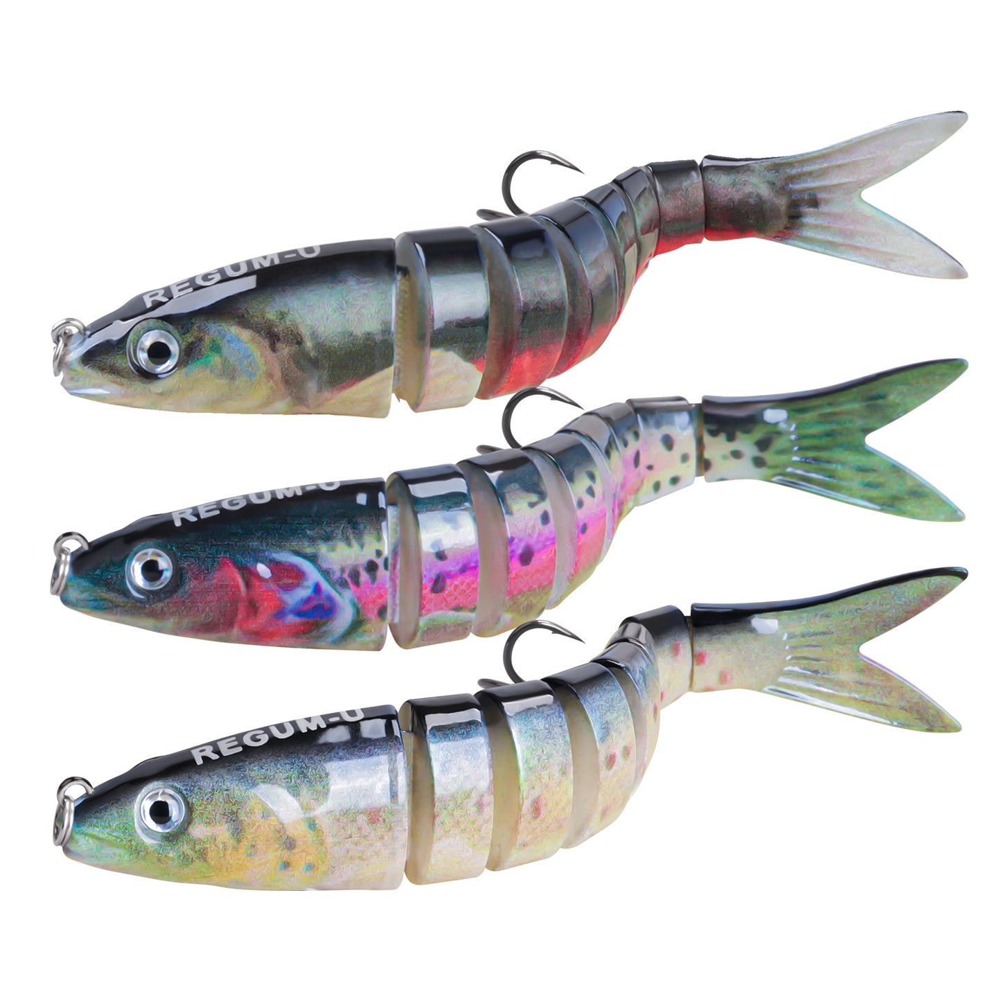 Regum-U Fishing Lures 8 Segment Realistic Swimbait with 3D Eyes Vibrating Tail, Smooth Lifelike Swimming for More Bites, Reinforced Fiber Joint, Durable Unbreakable Glide Bait for Various Fish