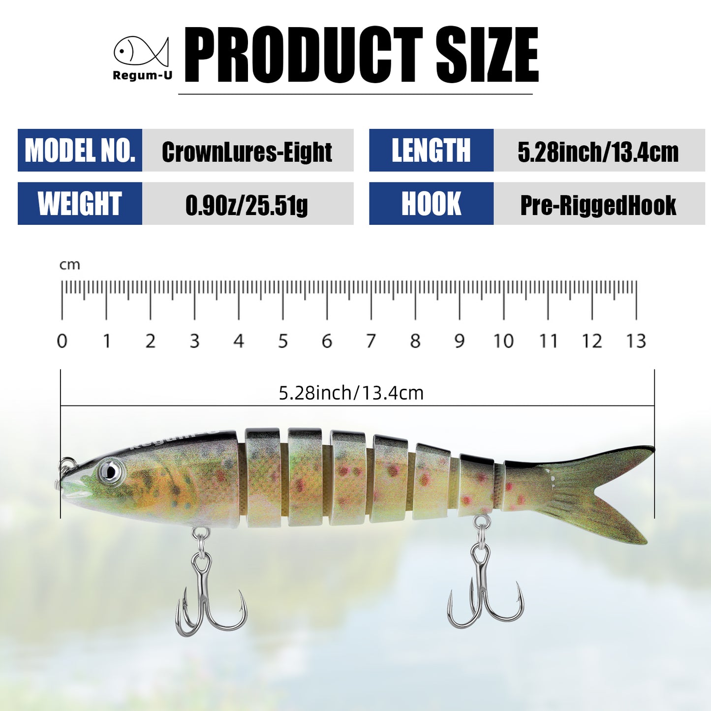Regum-U Fishing Lures 8 Segment Realistic Swimbait with 3D Eyes Vibrating Tail, Smooth Lifelike Swimming for More Bites, Reinforced Fiber Joint, Durable Unbreakable Glide Bait for Various Fish