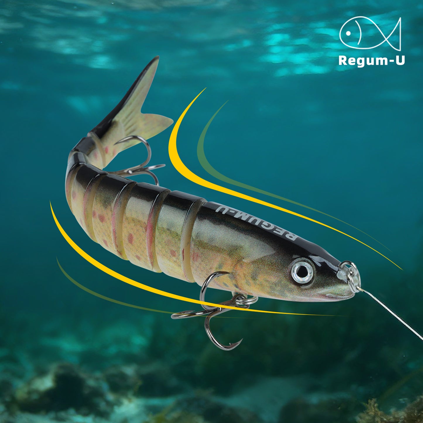 Regum-U Fishing Lures 8 Segment Realistic Swimbait with 3D Eyes Vibrating Tail, Smooth Lifelike Swimming for More Bites, Reinforced Fiber Joint, Durable Unbreakable Glide Bait for Various Fish