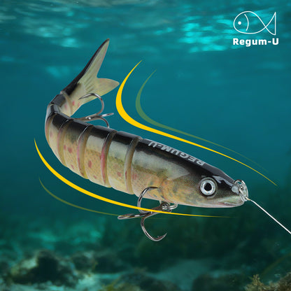 Regum-U Fishing Lures 8 Segment Realistic Swimbait with 3D Eyes Vibrating Tail, Smooth Lifelike Swimming for More Bites, Reinforced Fiber Joint, Durable Unbreakable Glide Bait for Various Fish