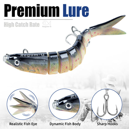 Regum-U Fishing Lures 8 Segment Realistic Swimbait with 3D Eyes Vibrating Tail, Smooth Lifelike Swimming for More Bites, Reinforced Fiber Joint, Durable Unbreakable Glide Bait for Various Fish