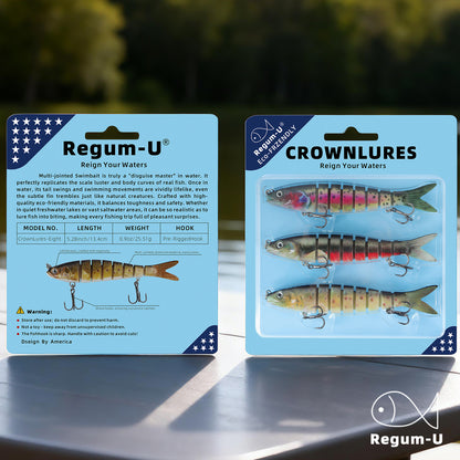 Regum-U Fishing Lures 8 Segment Realistic Swimbait with 3D Eyes Vibrating Tail, Smooth Lifelike Swimming for More Bites, Reinforced Fiber Joint, Durable Unbreakable Glide Bait for Various Fish